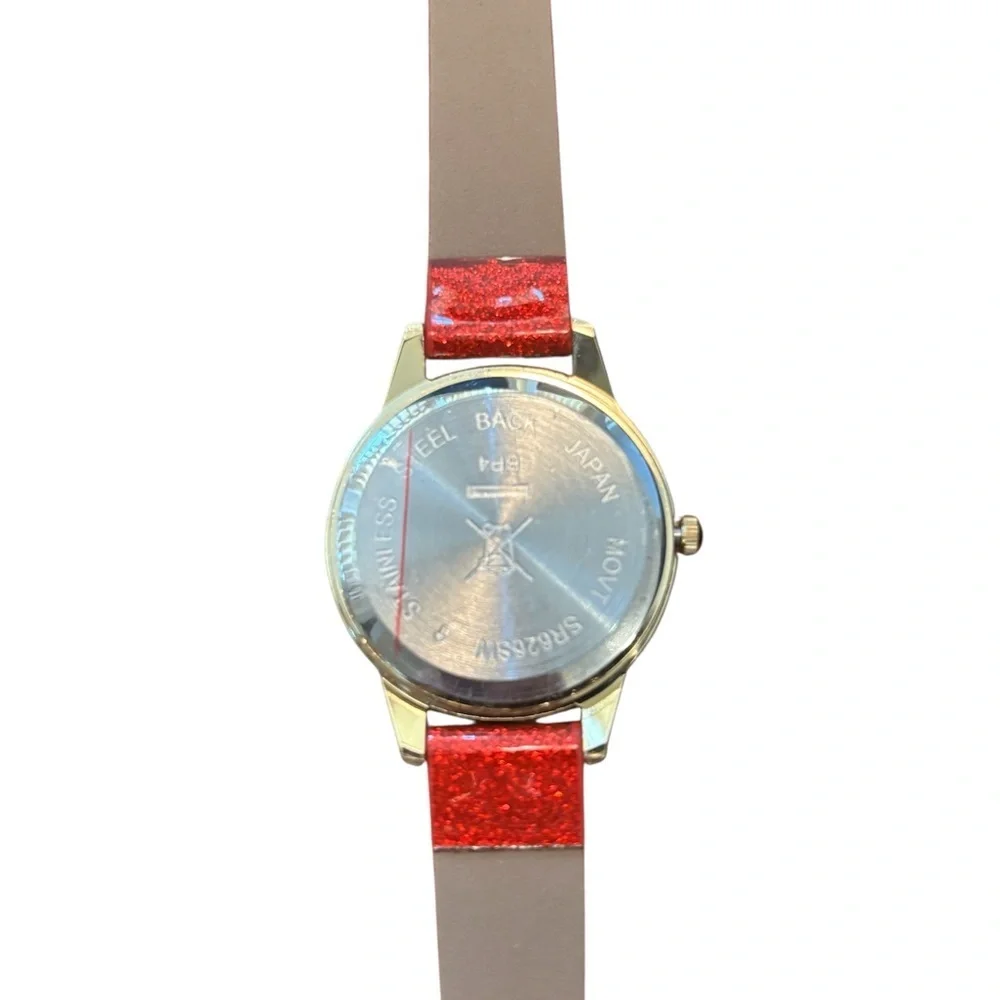 Avon Sparkle Red Strap Party Quartz Watch NIB Numerals Rhinestone Gold Face 2015